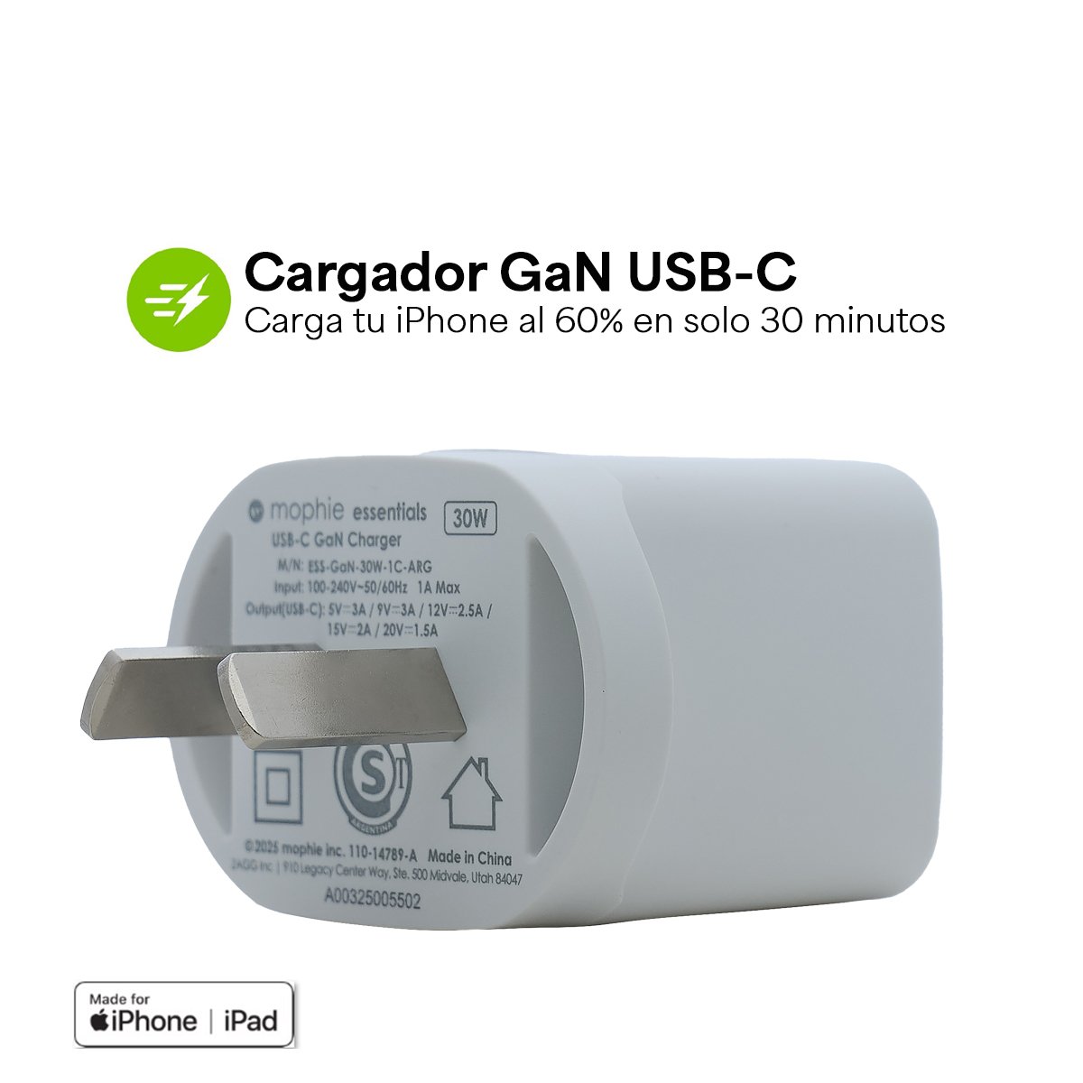 Cargador de pared mophie 30W - Blanco