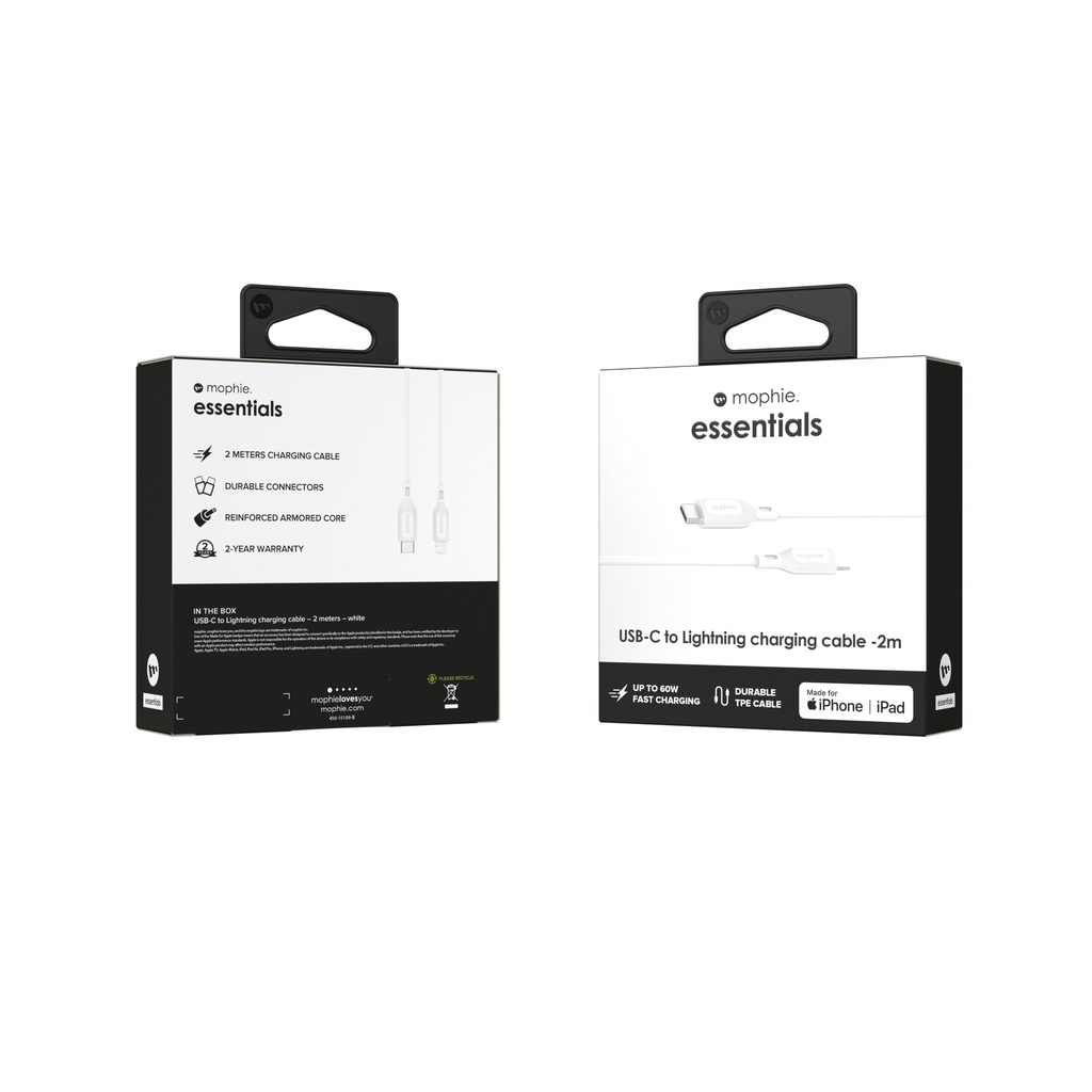 Cable mophie essential USB C a Lightning 2M - Blanco
